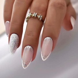 Almond Press on Nails Medium French Tips Fake Nails Silver Glitter Acrylic Nails Press ons White Ombre Glue on Nails Shiny Stick on Nails Nude Pink False Nails for Women Girls Nails Decoration 24Pcs