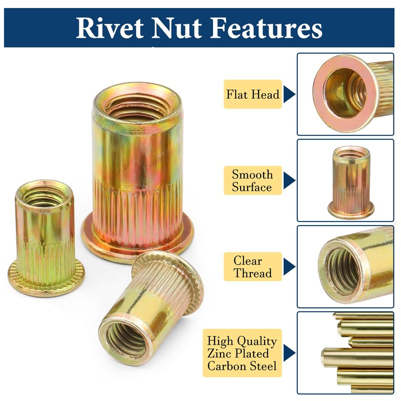 Vifmy SAE Rivet Nut Assortment Kit(240Pcs),#6-32#8-32#10-24 1/4"-20 5/16"-18 3/8"-16 UNC