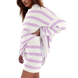 LAMISSCHE Womens Oversized Lounge Sets 2 Piece Outfits Striped Matching Pajama Set Long Sleeve Sweater Set(White&Lt Purple,XL)