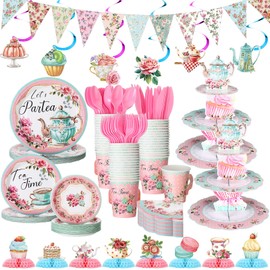 Skybooly 257 Pcs Tea Party Supplies Decorations Include Disposable Floral Paper Plates and Napkins Teacups Saucers Set Cupcake Stand Centerpieces Bunting Banner Hanging Decorations for Teapot Party