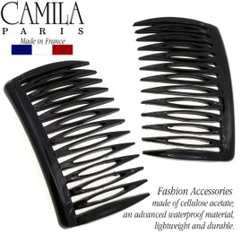 Camila Paris CP2953 French Hair Side Combs, Set of 2 Small, Black, Flexible Durable Hair Combs, Strong Hold Hair Clips for Women, No Slip Styling Girls Hair Accessories, Made in France