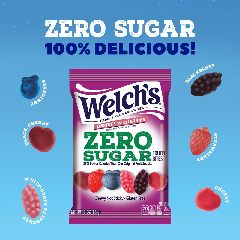 Welch's Zero Sugar Fruity Bites, Berries 'n Cherries Snack Pack,