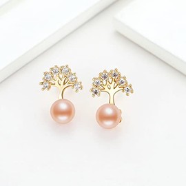 Pearl Earrings Stud Tree of life Jewellery Gifts for Women Ladies, Freshwater Cultured Pink Pearl Hypoallergenic Pierced Cute Ear Rings 14k Gold Plated