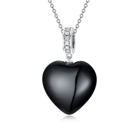 EKJQB Natural Black Onyx Necklace for Women 925 Real Sterling Silver Genuine Heart Cut Black Onyx Necklace with Lab Created Diamond for Her Ladies Mom Birthday Anniversary Christmas, 18+2 inches