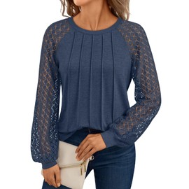 AUTOMET Long Sleeve T-Shirts Womens Tops Lace Blouse Fall Outfits Crew Neck Business Dressy Casual Work 2025 Fashion Comfy Winter Clothes DarkBlue XL