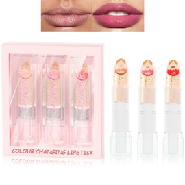 Flower Jelly Lippenstift Set, 3 Stück Magic Temperature Farbwechsel Lippenbalsam, Lipstick Kit Langanhaltende & Feuchtigkeitscreme, Kristall Blumengelee Lip Balm Makeup Set, Geschenk für Frauen