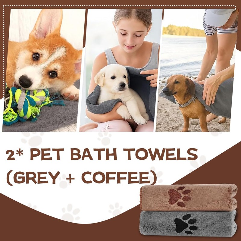 Set of 2 Pet Bath Towels, Black and Coffee, Microfibre,