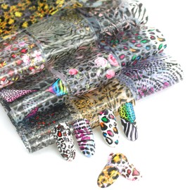 MOLILON Nail Foil Leopard Print Nail Design Stickers Decals Holographic Nail Foils Starry Sky Star Transfer Foil Nail Wraps for Nail Art DIY Decoration - 10 Sheets