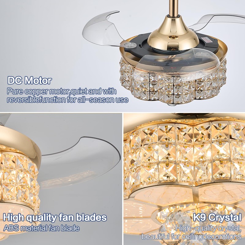 Zynfandor 30" RGB Retractable Crystal Ceiling Fan with Light Dimmable