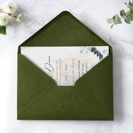 PONATIA 50 PCS/Pack A7 Envelopes, 5.25 x 7.5'' Olive Green Envelopes For 5x7'' Weddings Invitation Cards, Christmas Gift Cards Envelopes, Acrylic Invitations, Photos and Any 5x7" Inserts
