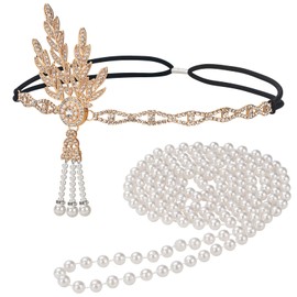 GHGMAO 1920s Great Gatsby Accessories Set for Women Roaring 20s Costumes Flapper Accessories Gatsby Headpiece Pearl Necklace (R01-Gold)