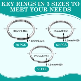 Ninnyi 150 Pcs Key Ring Hoop in 20mm 25mm & 30mm, Nickel Plating Keyring Rings for Keychain DIY Craft Tag