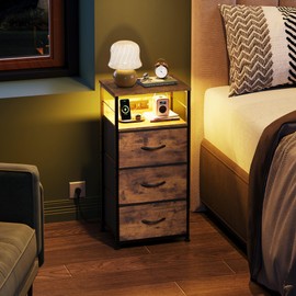 WLIVE Nightstand with Charging Station, LED Night Stand with 3 Fabric Drawers and Storage Shelf, 31.93" H Bedside Table with USB Ports and Outlets for Bedroom, Rustic Brown