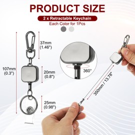 PATIKIL 2Pack Retractable Keychain, Metal Badge Reels Retractable Badge Holder Clips with Key Rings for Name Card Key Conferences Office, Silver/Gun Black(Square)
