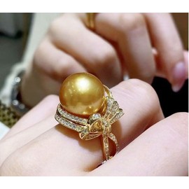 14mm CZ Big Pearl Statement Wedding RingLarge South Ocean Gold Pearl Ring Inlaid with Zircon Butterfly Shape AAA Many Small Zircon Adjustable Open Pearl Finger Ring Pearl Statement Jewelry