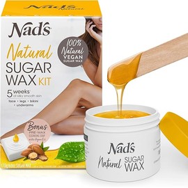 Nad's 100% Natural Sugar Wax Kit, Vegan, Hypoallergenic, No-heat Formula Waxing Sugar Paste, Includes 6 Wooden Spatulas, 10 Reusable 100% Cotton Strips, 1 Pre-wax Cleansing Soap & Sugar Wax 6oz