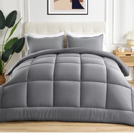 Sonive All Season Comforter Soft Fluffy Breathable Microfiber 200gsm Down Alternative Bedding Duvet Insert with 8 Corner Tabs Easy Care (Grey, Queen)