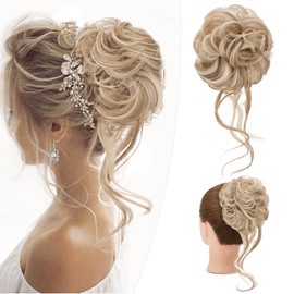 Hairro Messy Bun Hair Piece, #24BP88 Mix Ash Brown & Blonde Messy Hair Bun Scrunchies for Women Tousled Updo Fake Hair Bun Synthetic Wavy Curly Chignon Ponytail Hairpiece