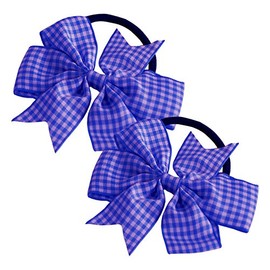2 x 'Flat Fan' Bow Hair Bobbles | Hair Elastic | School Hair | Gingham Ribbon (Royal Blue & White)