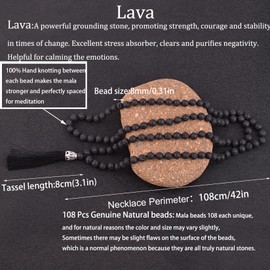KIKILA Mala Beads 108 Natural Stone GemStones Japamala Yoga Meditation Hand Knotted Beaded Tassel Necklace for Women Men (Lava)