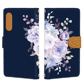 らくらくスマートフォン lite MR01 用 花柄 ブーケ パステルフローラル 大人可愛い ボタニカル ネイビー スマホケース 手帳 耐衝撃 カード収納 ドコモらくらくスマートフォンLiteケース 211103c