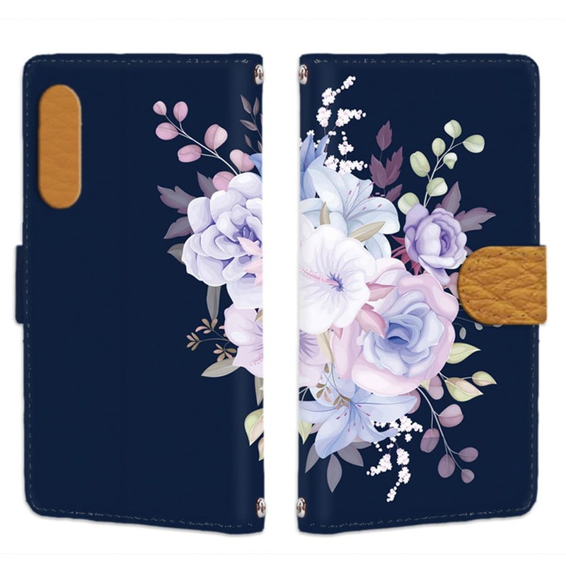 らくらくスマートフォン lite MR01 用 花柄 ブーケ パステルフローラル 大人可愛い ボタニカル ネイビー