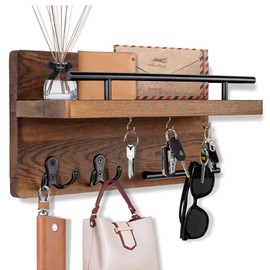 Fayavoo Key Holder for Wall Decoration with 5 Key Hooks, Wall Mounted Key Hangers for Wall with Key Rack, Wood Mail Organizer with Shelf, Wall Key Holder for Entryway Hallway Mudroom Office (Brown)