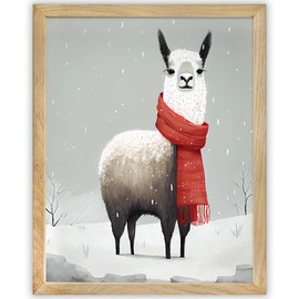 Funny LLama With Scarf Winter Illustration Art Work - 11x14 Framed Paper Poster - Christmas Aesthetic Room Decorations - Christmas Party Decor and Gift