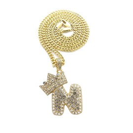 Fashion 21 Iced Out Crown Tilted Bubble Initial Letter Pendant 24" Cuban Chain Necklace in Gold, Silver Tone (Gold/N)