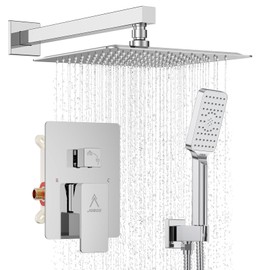 JQBQS Rain Shower System 10IN Modern Brass Faucet Set With Valve and Diverter Shower Mixer With Handheld High Pressure Square Rainfall Shower Valve (10'' Wall Mount, Chrome Polished)