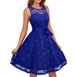 Dressystar 0009 Floral Lace Dress Short Bridesmaid Dresses with Sheer Neckline Royal Blue XXXL