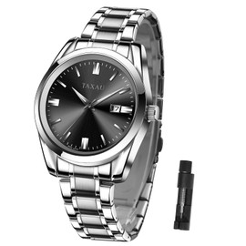 Taxau Stainless Steel Men's Watches Waterproof Watches Luxury Business Watches Multifunction Luminous Date Gift Men, 8470-silver band black face