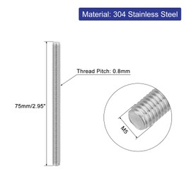 sourcing map 4Pcs Fully Threaded Rod, M5 x 75mm 304 Stainless Steel Right Hand Thread Bar Studs M5-0.8 Thread Pitch for Furniture Machinery Assembly