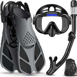 Greatever 4-in-1 Snorkeling Gear for Adults - Complete Snorkel Set with Panoramic View Diving Mask, Anti-Fog & Leak-Proof Design, Dry Top Snorkel, Fins, and Travel Bag - Ideal for Swimming, Snorkeling, and Diving Trips - color: Black, Size: S/M