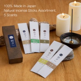 Asayu Japan 100% Natural Incense Sticks Assortment, 5 Scents (Sandalwood, Agarwood, Hinoki Cypress, White Sage, Frankincense), Made in Japan Incense Sampler Variety Pack (Natural Incense 5 scents)