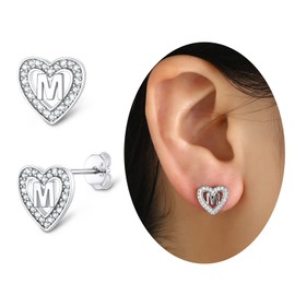 M Earrings 925 Womens Silver Stud Hypoallergenic Sterling Silver Alphabet Letter A-Z Stud Earrings CZ Simulated Diamond Heart Earrings for Women Lover