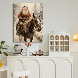 Vintage Santa Sleigh Wall Art Christmas Decor Featuring Santa Claus Sleigh Reindeer In A Timeless Canvas Print For Festive Home Decoration 16x24"Unframed