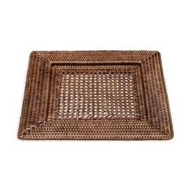 Caspari Rattan Square Plate Charger in Dark Natural Brown, Set of 4