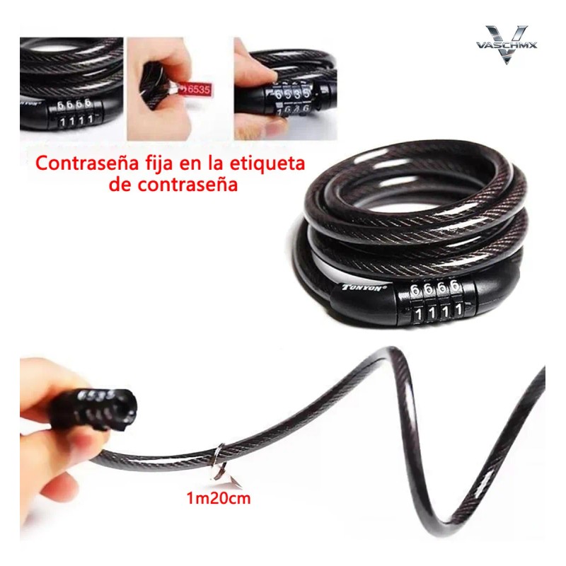 Candado Cadena Gomia Negro 1.2m Combinación Para Bicicleta Moto VRVALUE
