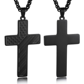 MeMeDIY 18+2 Inch Cross Necklace American Flag Cross Necklace for Men Stainless Steel Inspirational Bible Verse Cross Pendant Gold/Silver/Black Cross Chain Patriotic Jewelry (Black-09)