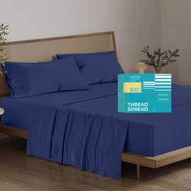 THREAD SPREAD 100% Egyptian Cotton Sheets King Size - 800 High Thread Count Sheets King, 4 PC Luxury Hotel King Size Sheets Set, 16" Deep Pocket Sateen Weave Soft Cooling Bed Sheet Sets - Navy Blue