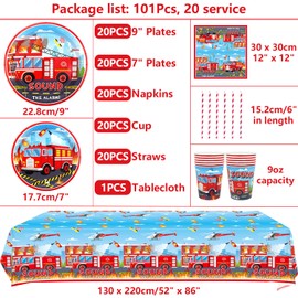 Firetruck Party Supplies - Fire Truck Party Tableware - Dinner Plates Desserts Plates Cups Napkins Tablecover Straws for Truck Theme Party Baby Shower Supplies, Serves 20 (20)