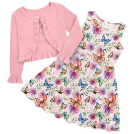 ALISISTER Girl Butterfly Dress Toddler Girls Pink Cardigan Set Kids 2 Piece Long Sleeve Casual Ruffle Outfits 2-3Years