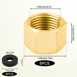 6pcs Brass Pipe Cap with Rubber Gasket, 3/8" NPT Female Pipe Plug Hex Thread Head Cap Male End Cap Gas Line Cap Plumbing Fittings for Water Line