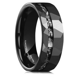 King Will Mens 8mm Black Hammered Tungsten Carbide Wedding Rings Imitated Meteorite Inlay Matte Brushed Tungsten Ring R 1/2 (9)