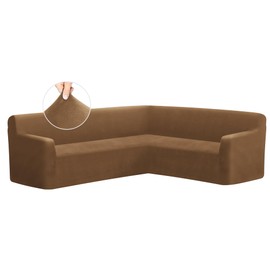 ALIECOM Velvet Corner Couch Covers L Shape Sofa Cover Sectional Stretch Soft Thick Plush U Shaped Sectional Slipcovers Living Room Pet Dogs Universal Non Slip Furniture Protector (Light Brown, Small)