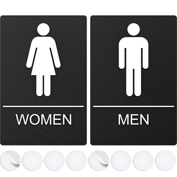 Restroom Signs, Bathroom Sign For Business - For Men and Women - 9" by 6" - ADA Compliant with Braille - Strong Double-Sided Adhesives Included - Apply to Office, Home or Public Door/Wall