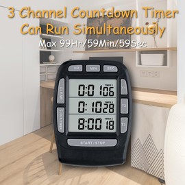Jayron JR-KT001 Digital Timer Large LCD 3 Channel Countdown Timer,Kitchen Timer,Count Down Count Up Timer Cooking Timer Reset Clock Alarm Loud Strong Magnet Bracket for Kids Elderly (Black)
