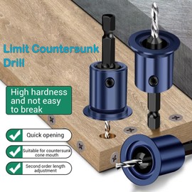 YUENTOEN 4 Pcs Countersink Drill Bit Set for Adjustable Bit Depth Stop, 1/4 Inch Hex Shank 2.8mm 3.0mm 3.2mm 3.5mm Countersink Hole Drill Bit for Woodworking
