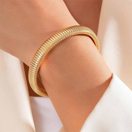 Inilbran Punk Bangle Bracelet Vintage Stretch Bangle Bracelet Chunky Bangle Stretch Bracelet Gothic Flexible Wide Wristband Bracelets Stackable Round Bracelets Bangle Jewelry for Women and Girls（Gold）